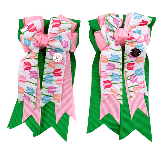 Ponytail Bows Online 3" Tails PonyTail Bows- Green Pink Tulips equestrian team apparel online tack store mobile tack store custom farm apparel custom show stable clothing equestrian lifestyle horse show clothing riding clothes PonyTail Bows- Green Pink Tulips horses equestrian tack store