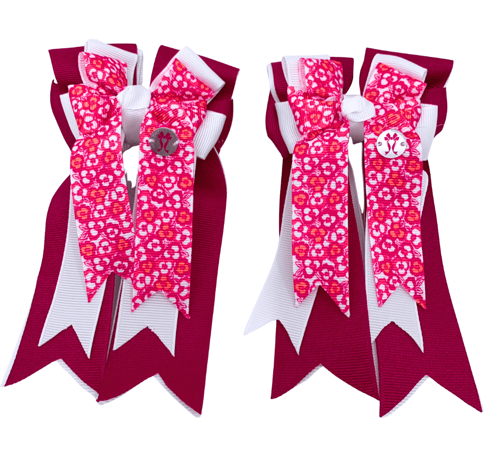 Ponytail Bows Online 3" Tails PonyTail Bows- Raspberry Floral equestrian team apparel online tack store mobile tack store custom farm apparel custom show stable clothing equestrian lifestyle horse show clothing riding clothes PonyTail Bows- Raspberry Floral horses equestrian tack store