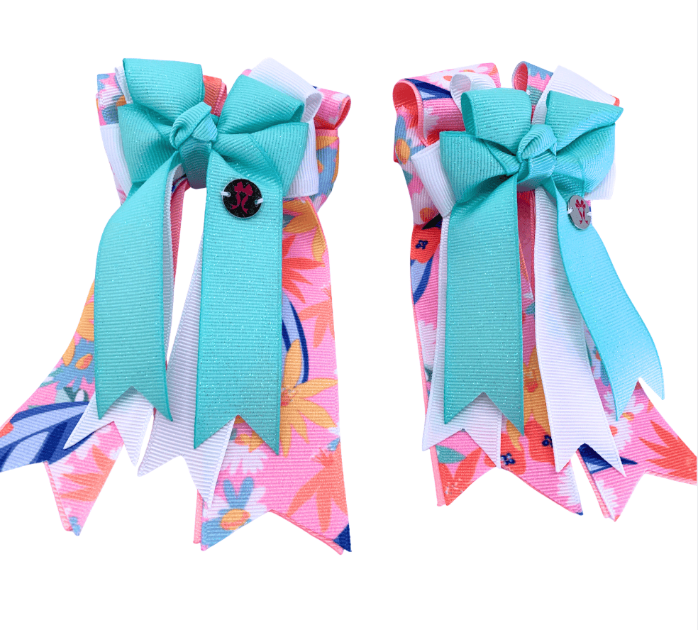 Ponytail Bows Online 3" Tails PonyTail Bows- Mint Glitter Floral equestrian team apparel online tack store mobile tack store custom farm apparel custom show stable clothing equestrian lifestyle horse show clothing riding clothes PonyTail Bows- Mint Glitter Floral horses equestrian tack store