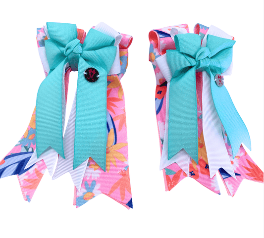 Ponytail Bows Online 3" Tails PonyTail Bows- Mint Glitter Floral equestrian team apparel online tack store mobile tack store custom farm apparel custom show stable clothing equestrian lifestyle horse show clothing riding clothes PonyTail Bows- Mint Glitter Floral horses equestrian tack store