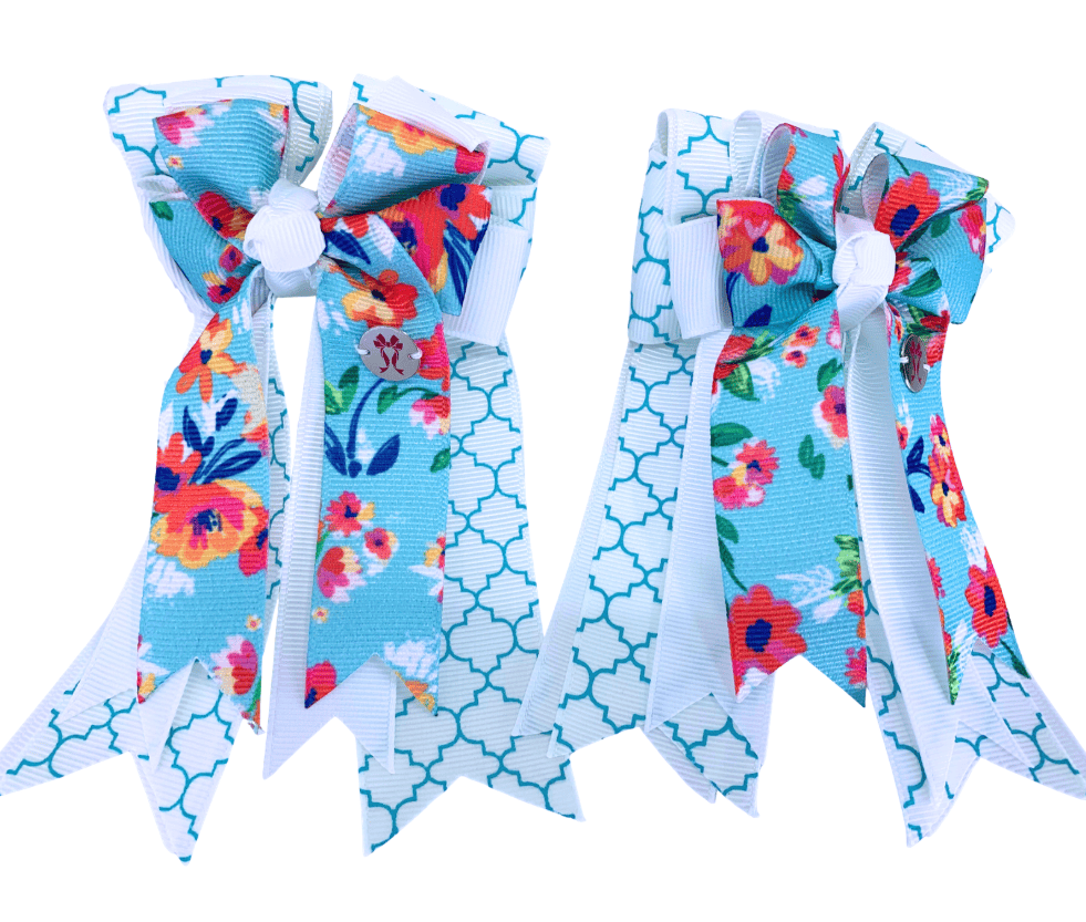 Ponytail Bows Online 3" Tails PonyTail Bows- Blue Floral Victorian Motifs equestrian team apparel online tack store mobile tack store custom farm apparel custom show stable clothing equestrian lifestyle horse show clothing riding clothes PonyTail Bows- Blue Floral Victorian Motifs horses equestrian tack store