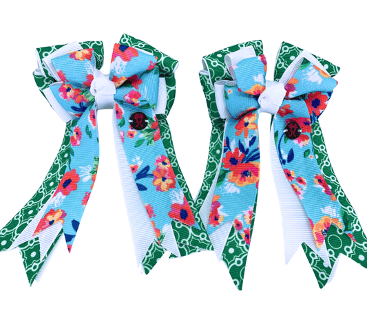 Ponytail Bows Online 3" Tails PonyTail Bows- Blue Floral on Green Motifs equestrian team apparel online tack store mobile tack store custom farm apparel custom show stable clothing equestrian lifestyle horse show clothing riding clothes PonyTail Bows- Blue Floral on Green Motifs horses equestrian tack store