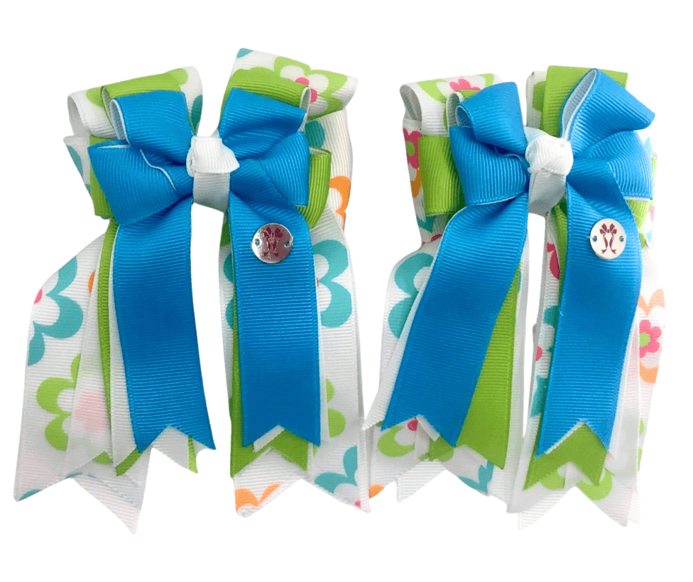 Ponytail Bows Online 3" Tails Flower Base/Turquoise PonyTail Bows equestrian team apparel online tack store mobile tack store custom farm apparel custom show stable clothing equestrian lifestyle horse show clothing riding clothes Flower Base/Turquoise PonyTail Bows horses equestrian tack store