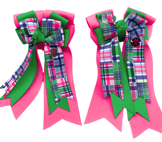 Ponytail Bows Online 3" Tails PonyTail Bows- Preppy Plaid (Watermelon/Green) equestrian team apparel online tack store mobile tack store custom farm apparel custom show stable clothing equestrian lifestyle horse show clothing riding clothes PonyTail Bows- Preppy Plaid (Watermelon/Green) horses equestrian tack store