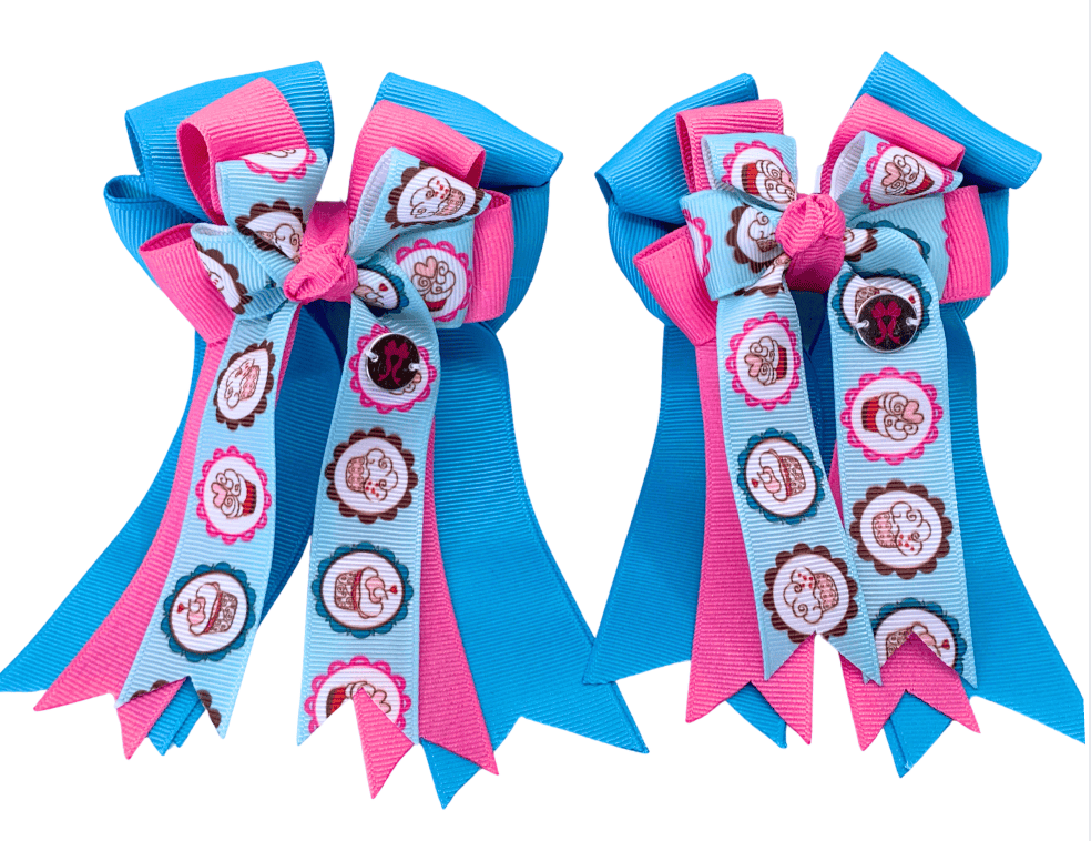 Ponytail Bows Online 3" Tails PonyTail Bows- Turquoise/Pink Cupcakes equestrian team apparel online tack store mobile tack store custom farm apparel custom show stable clothing equestrian lifestyle horse show clothing riding clothes PonyTail Bows- Turquoise/Pink Cupcakes horses equestrian tack store