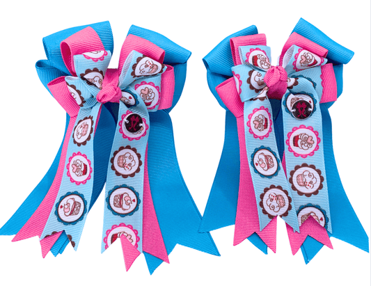 Ponytail Bows Online 3" Tails PonyTail Bows- Turquoise/Pink Cupcakes equestrian team apparel online tack store mobile tack store custom farm apparel custom show stable clothing equestrian lifestyle horse show clothing riding clothes PonyTail Bows- Turquoise/Pink Cupcakes horses equestrian tack store