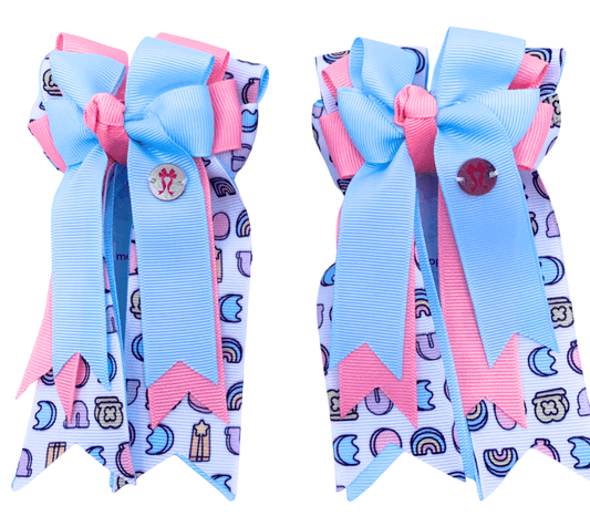 Ponytail Bows Online 3" Tails PonyTail Bows- Blue Pink Lucky Charms equestrian team apparel online tack store mobile tack store custom farm apparel custom show stable clothing equestrian lifestyle horse show clothing riding clothes PonyTail Bows- Blue Pink Lucky Charms horses equestrian tack store