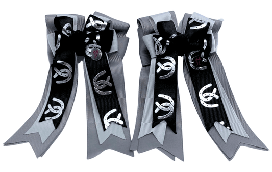Ponytail Bows Online 3" Tails Black Horse Shoes PonyTail Bows equestrian team apparel online tack store mobile tack store custom farm apparel custom show stable clothing equestrian lifestyle horse show clothing riding clothes Black Horse Shoes PonyTail Bows horses equestrian tack store