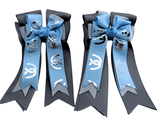 Ponytail Bows Online 3" Tails Baby Blue Horse Shoes PonyTail Bows equestrian team apparel online tack store mobile tack store custom farm apparel custom show stable clothing equestrian lifestyle horse show clothing riding clothes Baby Blue Horse Shoes PonyTail Bows horses equestrian tack store