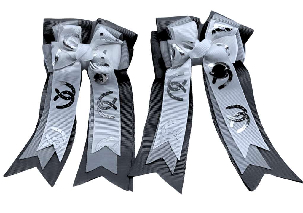 Ponytail Bows Online 3" Tails PonyTail Bows- Horse Shoes (Silver) equestrian team apparel online tack store mobile tack store custom farm apparel custom show stable clothing equestrian lifestyle horse show clothing riding clothes PonyTail Bows- Horse Shoes (Silver) horses equestrian tack store