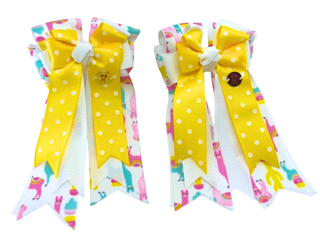 Ponytail Bows Online 3" Tails Drama Llama-Yellow Polka Dot PonyTail Bows equestrian team apparel online tack store mobile tack store custom farm apparel custom show stable clothing equestrian lifestyle horse show clothing riding clothes Drama Llama-Yellow Polka Dot PonyTail Bows horses equestrian tack store