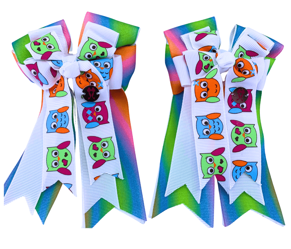 Ponytail Bows Online 3" Tails PonyTail Bows- Tie-dye Owls equestrian team apparel online tack store mobile tack store custom farm apparel custom show stable clothing equestrian lifestyle horse show clothing riding clothes PonyTail Bows- Tie-dye Owls horses equestrian tack store