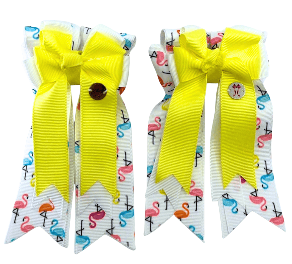 Ponytail Bows Online 3" Tails Flamingos For Days- Yellow PonyTail Bows equestrian team apparel online tack store mobile tack store custom farm apparel custom show stable clothing equestrian lifestyle horse show clothing riding clothes Flamingos For Days- Yellow PonyTail Bows horses equestrian tack store