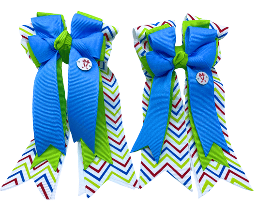 Ponytail Bows Online 3" Tails PonyTail Bows- Chevron (Blue/Lime) equestrian team apparel online tack store mobile tack store custom farm apparel custom show stable clothing equestrian lifestyle horse show clothing riding clothes PonyTail Bows- Chevron (Blue/Lime) horses equestrian tack store