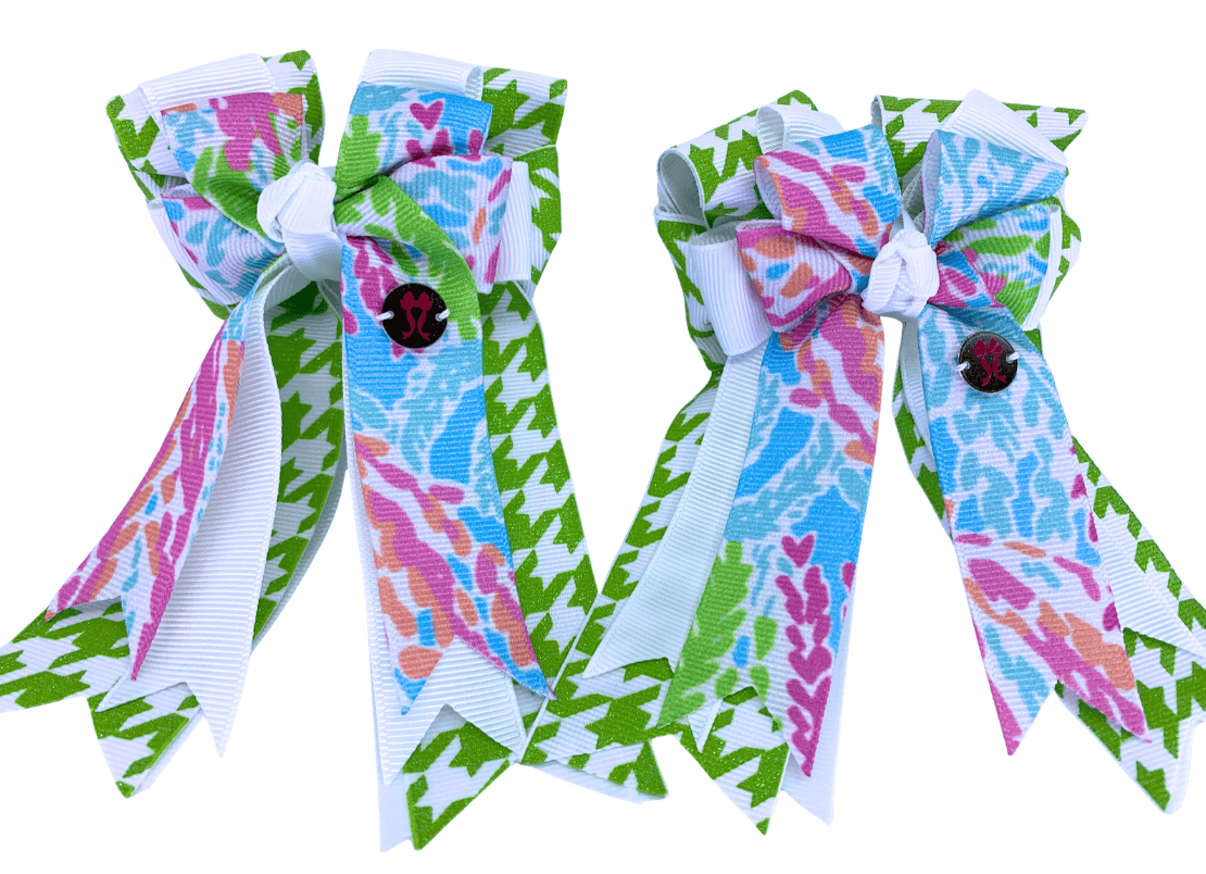 Ponytail Bows Online 3" Tails PonyTail Bows- Coral Reef/Green Houndstooth equestrian team apparel online tack store mobile tack store custom farm apparel custom show stable clothing equestrian lifestyle horse show clothing riding clothes PonyTail Bows- Coral Reef/Green Houndstooth horses equestrian tack store