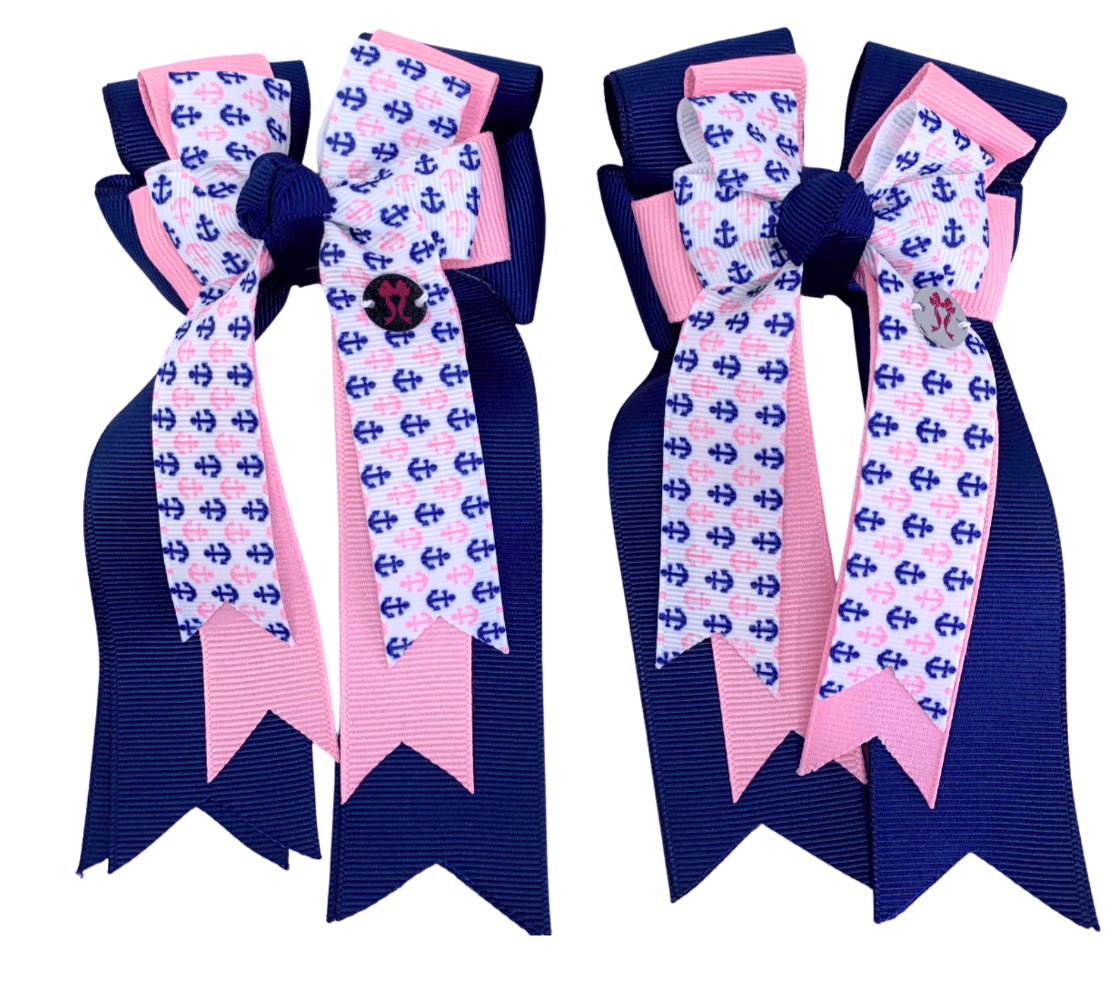 Ponytail Bows Online 3" Tails PonyTail Bows- Pink Navy Anchors equestrian team apparel online tack store mobile tack store custom farm apparel custom show stable clothing equestrian lifestyle horse show clothing riding clothes PonyTail Bows- Pink Navy Anchors horses equestrian tack store