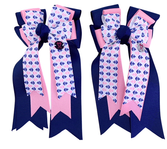 Ponytail Bows Online 3" Tails PonyTail Bows- Pink Navy Anchors equestrian team apparel online tack store mobile tack store custom farm apparel custom show stable clothing equestrian lifestyle horse show clothing riding clothes PonyTail Bows- Pink Navy Anchors horses equestrian tack store