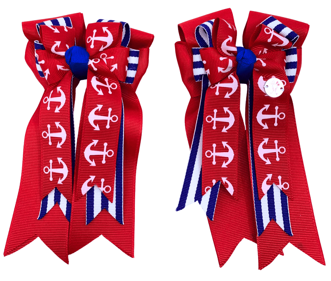 Ponytail Bows Online 3" Tails PonyTail Bows- Red Stripes Anchors equestrian team apparel online tack store mobile tack store custom farm apparel custom show stable clothing equestrian lifestyle horse show clothing riding clothes PonyTail Bows- Red Stripes Anchors horses equestrian tack store