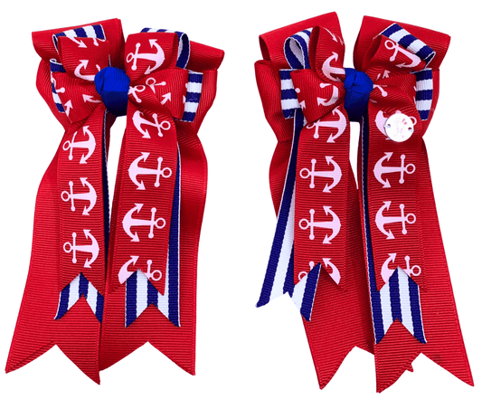 Ponytail Bows Online 3" Tails PonyTail Bows- Red Stripes Anchors equestrian team apparel online tack store mobile tack store custom farm apparel custom show stable clothing equestrian lifestyle horse show clothing riding clothes PonyTail Bows- Red Stripes Anchors horses equestrian tack store