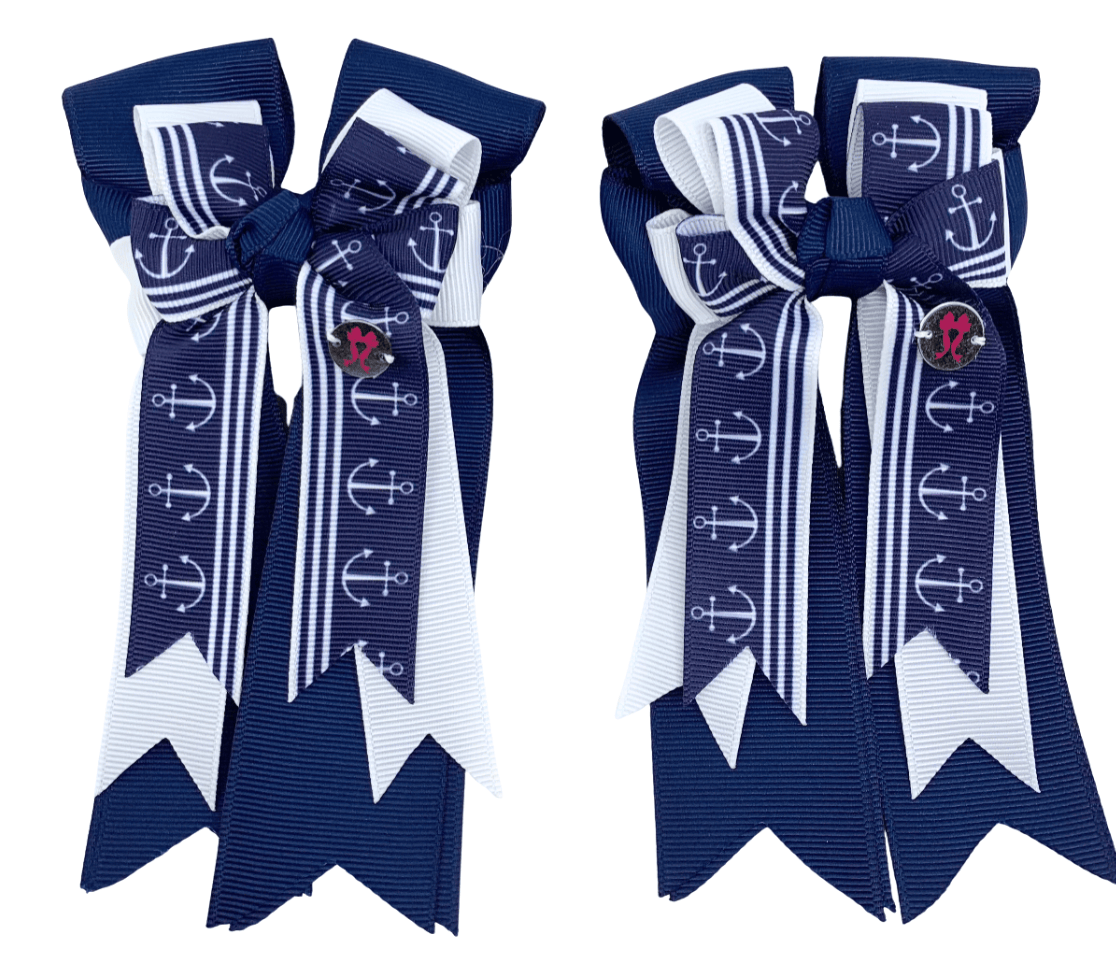Ponytail Bows Online 3" Tails PonyTail Bows- Navy White Pinstripe Anchors equestrian team apparel online tack store mobile tack store custom farm apparel custom show stable clothing equestrian lifestyle horse show clothing riding clothes PonyTail Bows- Navy White Pinstripe Anchors horses equestrian tack store