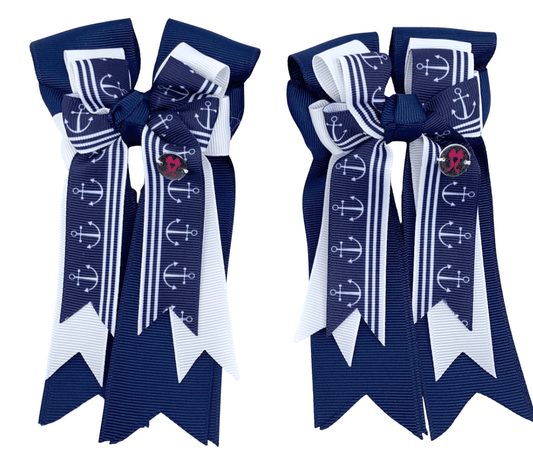 Ponytail Bows Online 3" Tails PonyTail Bows- Navy White Pinstripe Anchors equestrian team apparel online tack store mobile tack store custom farm apparel custom show stable clothing equestrian lifestyle horse show clothing riding clothes PonyTail Bows- Navy White Pinstripe Anchors horses equestrian tack store