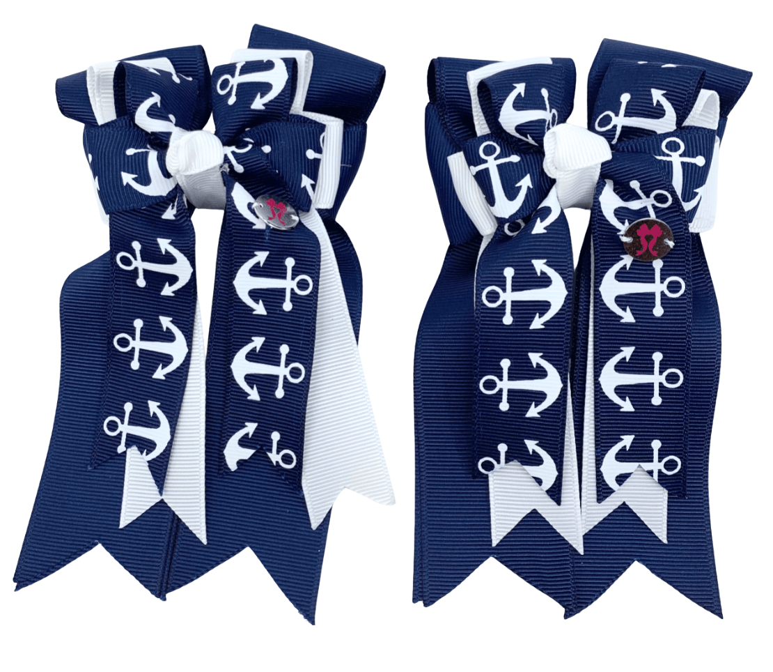 Ponytail Bows Online 3" Tails PonyTail Bows- Navy White Anchors equestrian team apparel online tack store mobile tack store custom farm apparel custom show stable clothing equestrian lifestyle horse show clothing riding clothes PonyTail Bows- Navy White Anchors horses equestrian tack store