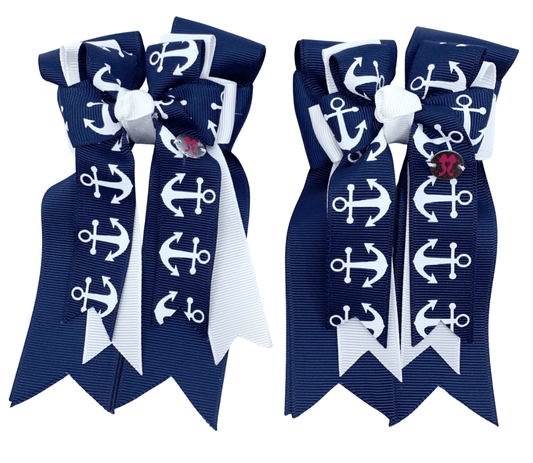 Ponytail Bows Online 3" Tails PonyTail Bows- Navy White Anchors equestrian team apparel online tack store mobile tack store custom farm apparel custom show stable clothing equestrian lifestyle horse show clothing riding clothes PonyTail Bows- Navy White Anchors horses equestrian tack store