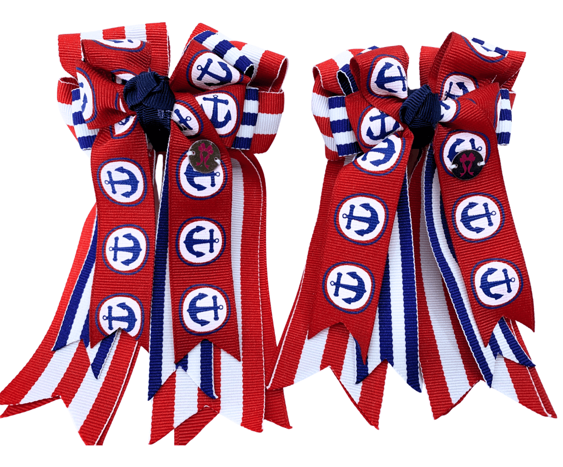 Ponytail Bows Online 3" Tails PonyTail Bows- Red/White/Blue Anchors equestrian team apparel online tack store mobile tack store custom farm apparel custom show stable clothing equestrian lifestyle horse show clothing riding clothes PonyTail Bows- Red/White/Blue Anchors horses equestrian tack store