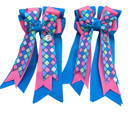 PonyTail Bows- Pink Blue Checker