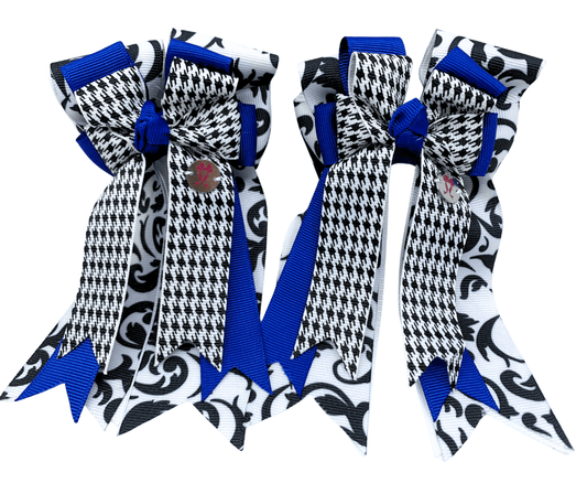 Ponytail Bows Online 3" Tails PonyTail Bows- Royal Blue/ B&W Damask equestrian team apparel online tack store mobile tack store custom farm apparel custom show stable clothing equestrian lifestyle horse show clothing riding clothes PonyTail Bows- Royal Blue/ B&W Damask horses equestrian tack store