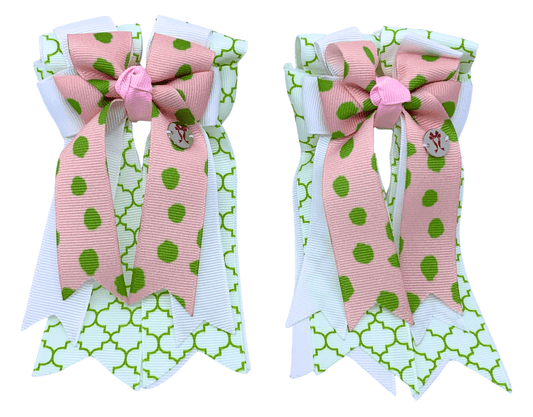 Ponytail Bows Online 3" Tails PonyTail Bows- White Green Motif/Spice equestrian team apparel online tack store mobile tack store custom farm apparel custom show stable clothing equestrian lifestyle horse show clothing riding clothes PonyTail Bows- White Green Motif/Spice horses equestrian tack store