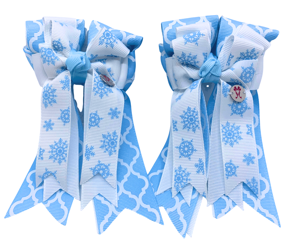 Ponytail Bows Online 3" Tails PonyTail Bows- Ice Blue Snowflakes equestrian team apparel online tack store mobile tack store custom farm apparel custom show stable clothing equestrian lifestyle horse show clothing riding clothes PonyTail Bows- Ice Blue Snowflakes horses equestrian tack store
