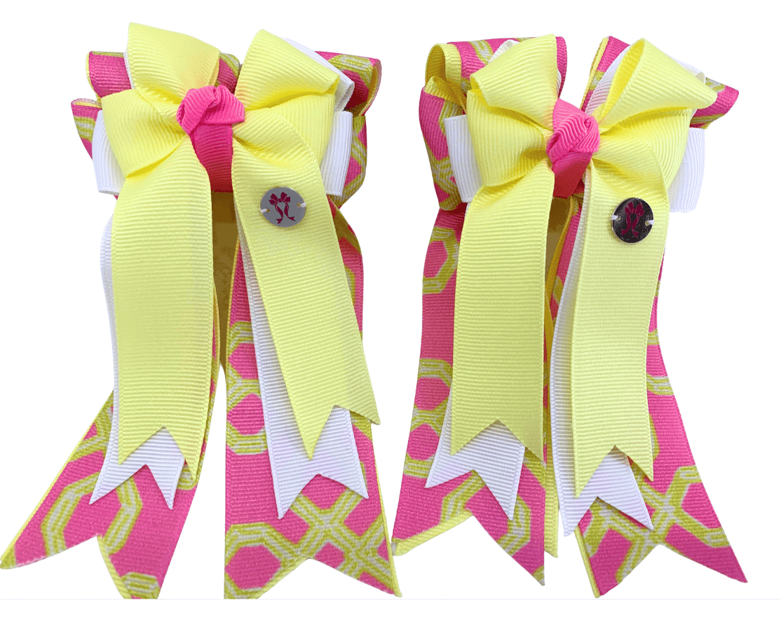 Ponytail Bows Online 3" Tails PonyTail Bows-Yellow Pink Geometric equestrian team apparel online tack store mobile tack store custom farm apparel custom show stable clothing equestrian lifestyle horse show clothing riding clothes PonyTail Bows-Yellow Pink Geometric horses equestrian tack store