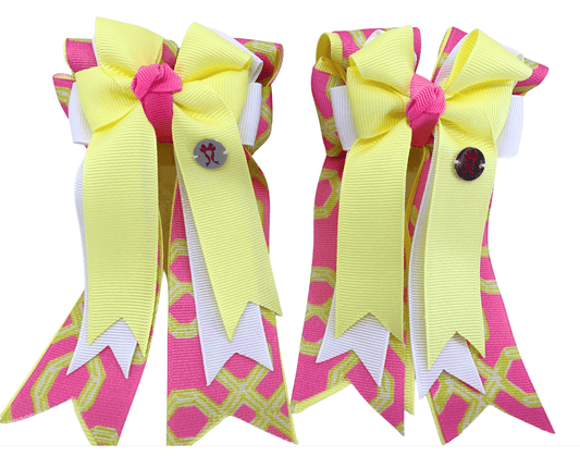 Ponytail Bows Online 3" Tails PonyTail Bows-Yellow Pink Geometric equestrian team apparel online tack store mobile tack store custom farm apparel custom show stable clothing equestrian lifestyle horse show clothing riding clothes PonyTail Bows-Yellow Pink Geometric horses equestrian tack store