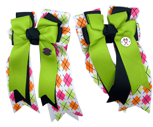 Ponytail Bows Online 3" Tails Argyle Lime/Black PonyTail Bows equestrian team apparel online tack store mobile tack store custom farm apparel custom show stable clothing equestrian lifestyle horse show clothing riding clothes Argyle Lime/Black PonyTail Bows horses equestrian tack store