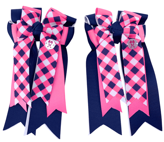 Ponytail Bows Online 3" Tails PonyTail Bows- Navy Pink Plaid equestrian team apparel online tack store mobile tack store custom farm apparel custom show stable clothing equestrian lifestyle horse show clothing riding clothes PonyTail Bows- Navy Pink Plaid horses equestrian tack store