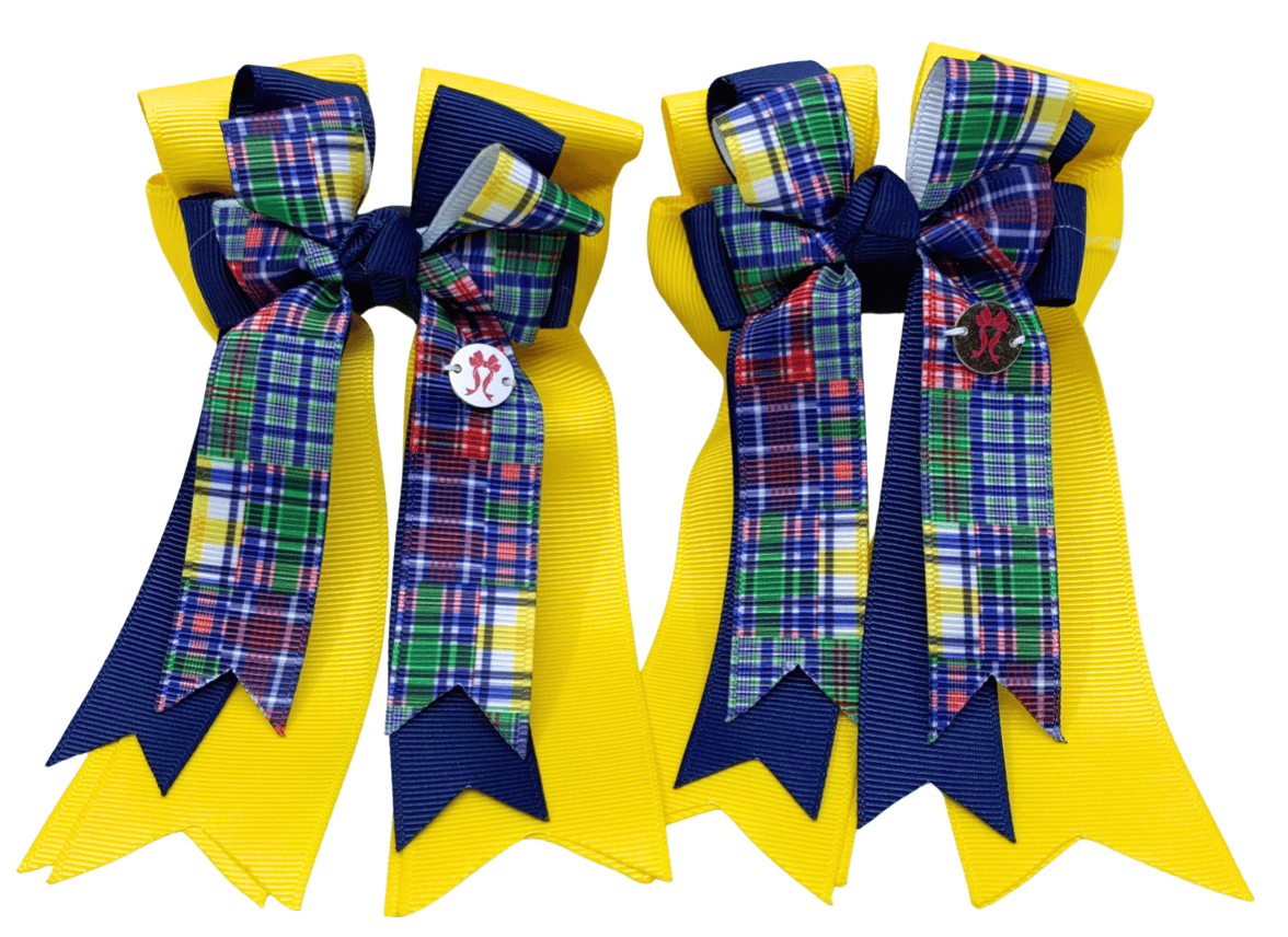 Ponytail Bows Online 3" Tails PonyTail Bows- Yellow/Navy/Plaid equestrian team apparel online tack store mobile tack store custom farm apparel custom show stable clothing equestrian lifestyle horse show clothing riding clothes PonyTail Bows- Yellow/Navy/Plaid horses equestrian tack store