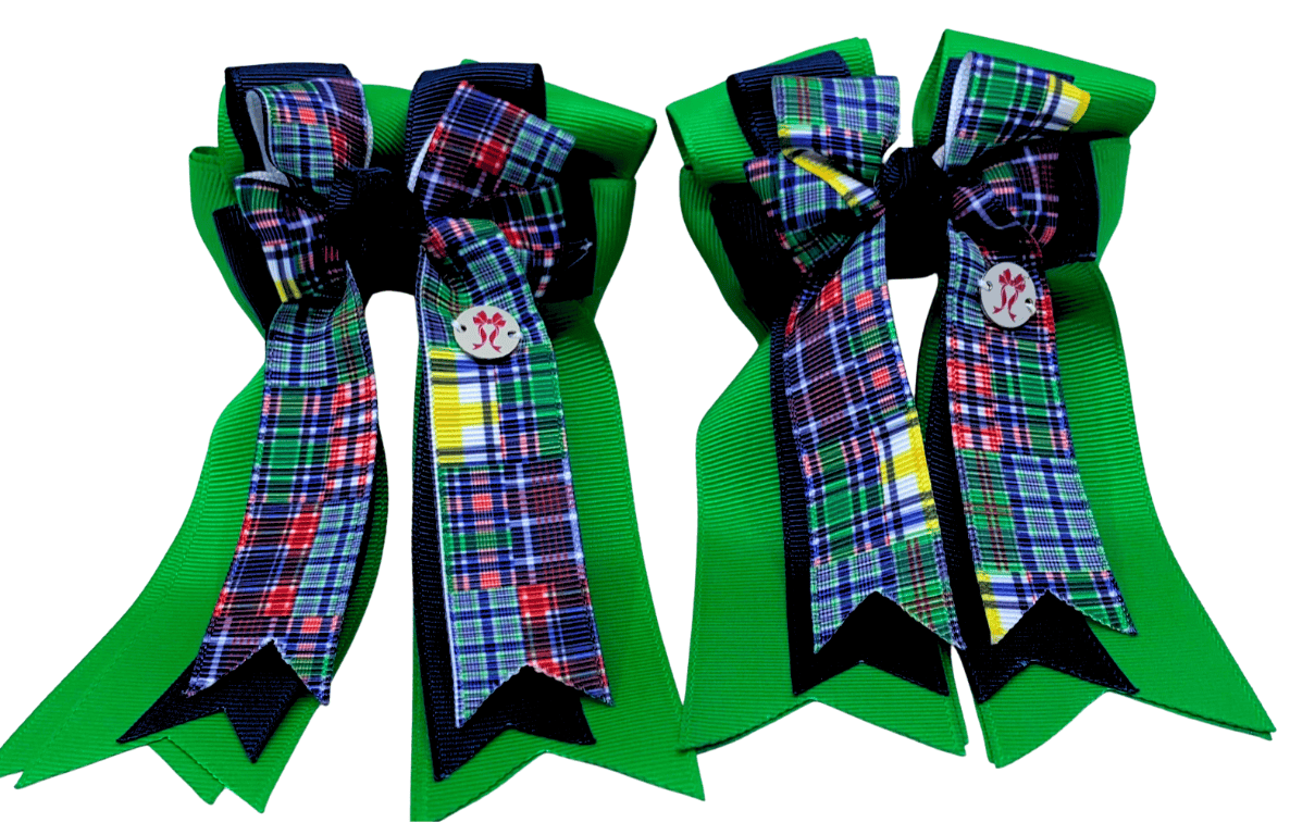 Ponytail Bows Online 3" Tails PonyTail Bows- Green/Navy/Plaid equestrian team apparel online tack store mobile tack store custom farm apparel custom show stable clothing equestrian lifestyle horse show clothing riding clothes PonyTail Bows- Green/Navy/Plaid horses equestrian tack store