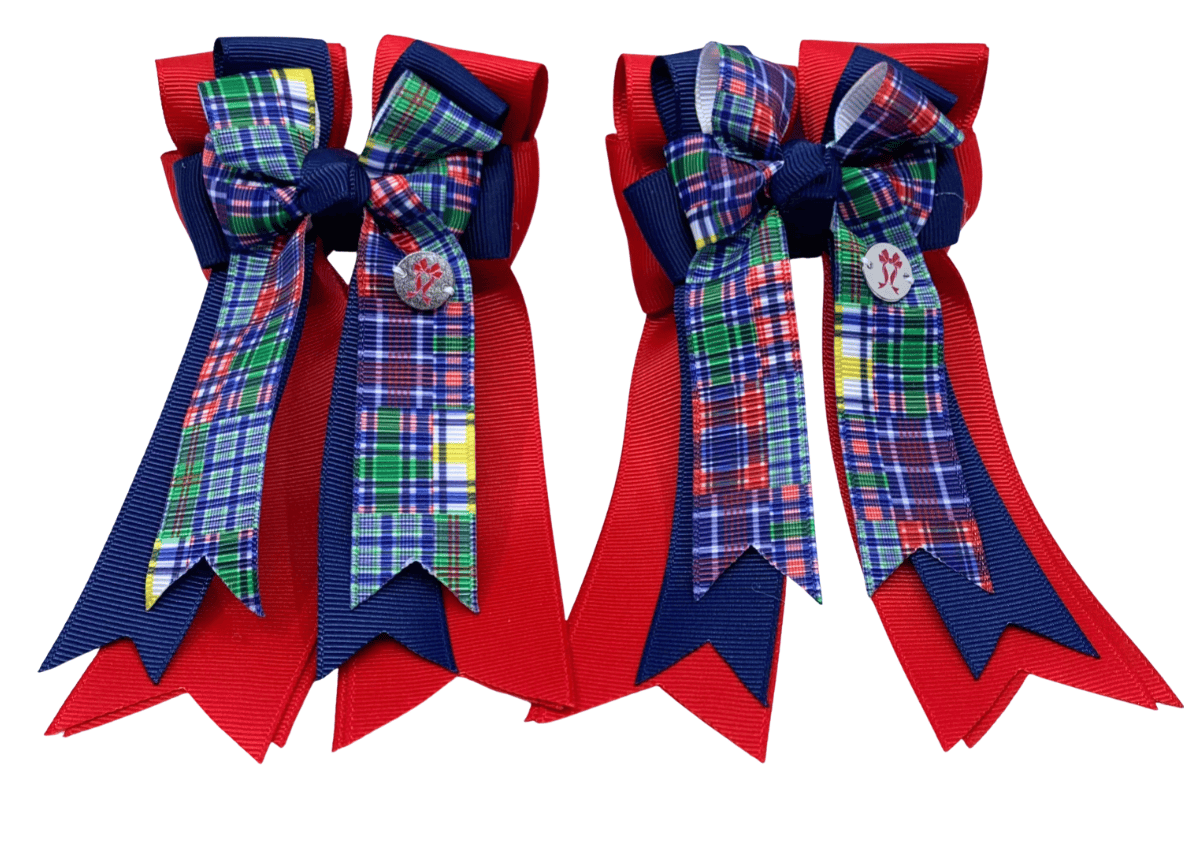 Ponytail Bows Online 3" Tails PonyTail Bows- Red/Navy/Plaid equestrian team apparel online tack store mobile tack store custom farm apparel custom show stable clothing equestrian lifestyle horse show clothing riding clothes PonyTail Bows- Red/Navy/Plaid horses equestrian tack store