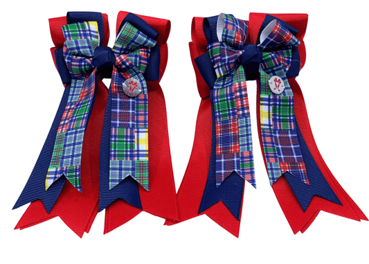 Ponytail Bows Online 3" Tails PonyTail Bows- Red/Navy/Plaid equestrian team apparel online tack store mobile tack store custom farm apparel custom show stable clothing equestrian lifestyle horse show clothing riding clothes PonyTail Bows- Red/Navy/Plaid horses equestrian tack store