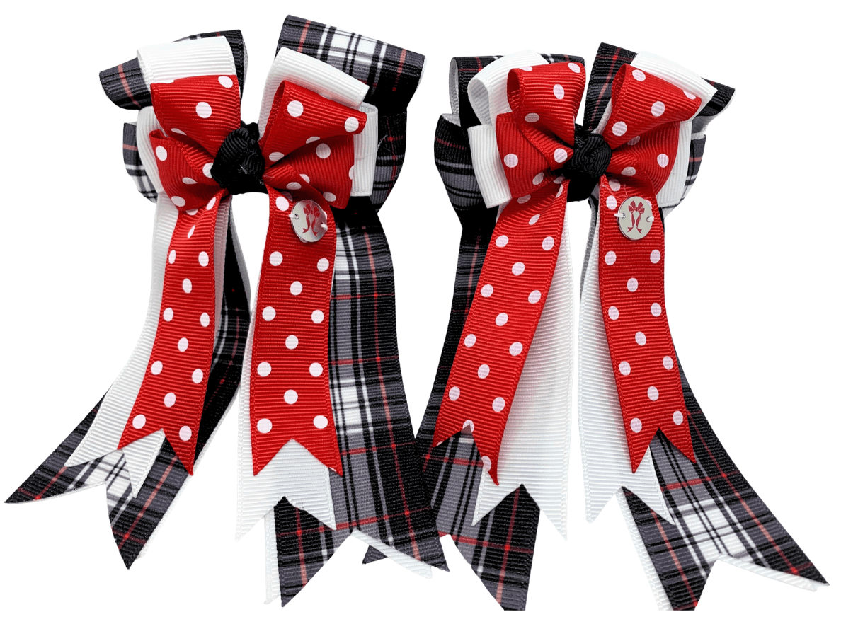 Ponytail Bows Online 3" Tails PonyTail Bows- Red & White Polka Dots/Plaid equestrian team apparel online tack store mobile tack store custom farm apparel custom show stable clothing equestrian lifestyle horse show clothing riding clothes PonyTail Bows- Red & White Polka Dots/Plaid horses equestrian tack store