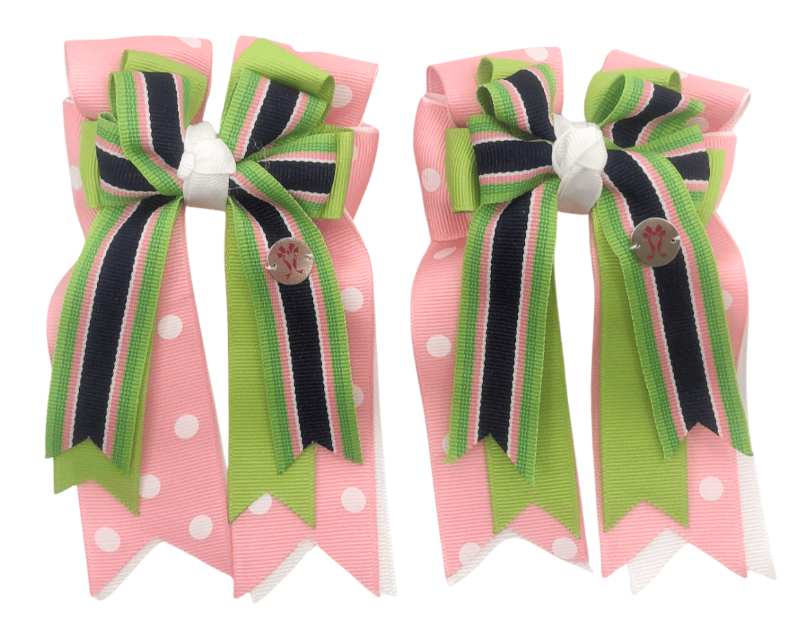 Ponytail Bows Online 3" Tails Pink White Polka Dot PonyTail Bows equestrian team apparel online tack store mobile tack store custom farm apparel custom show stable clothing equestrian lifestyle horse show clothing riding clothes Pink White Polka Dot PonyTail Bows horses equestrian tack store