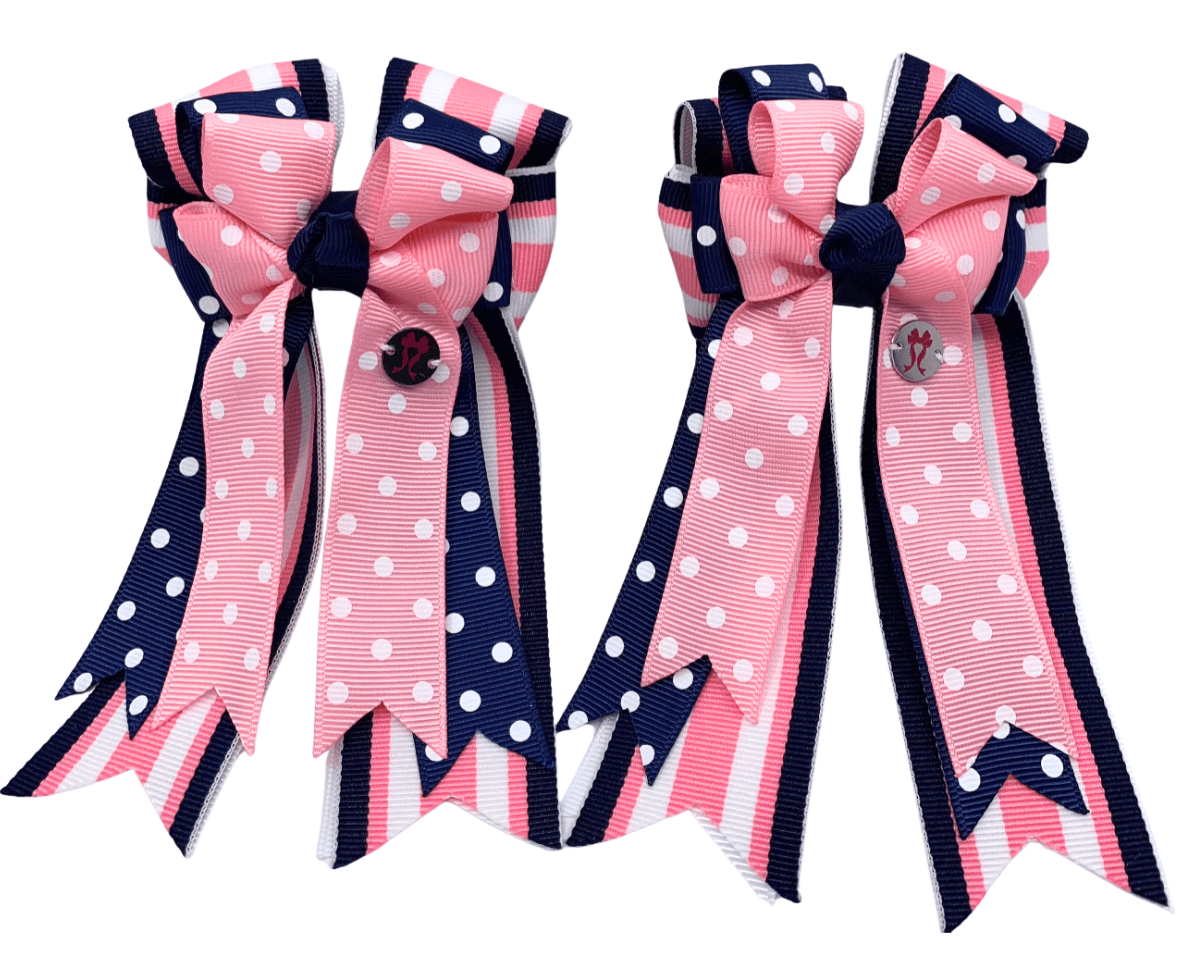 Ponytail Bows Online 3" Tails PonyTail Bows- Pink/Navy Polka Dots & Stripes equestrian team apparel online tack store mobile tack store custom farm apparel custom show stable clothing equestrian lifestyle horse show clothing riding clothes PonyTail Bows- Pink/Navy Polka Dots & Stripes horses equestrian tack store