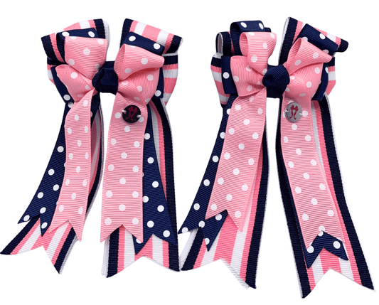 Ponytail Bows Online 3" Tails PonyTail Bows- Pink/Navy Polka Dots & Stripes equestrian team apparel online tack store mobile tack store custom farm apparel custom show stable clothing equestrian lifestyle horse show clothing riding clothes PonyTail Bows- Pink/Navy Polka Dots & Stripes horses equestrian tack store