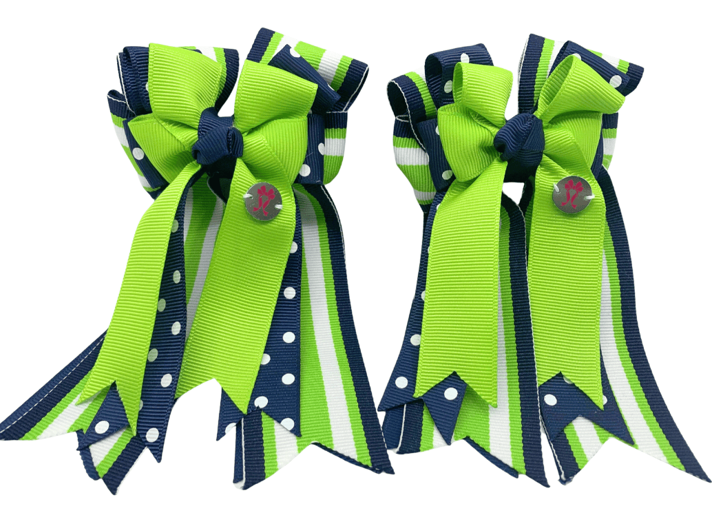 Ponytail Bows Online 3" Tails PonyTail Bows- Navy Polka Dots/Green equestrian team apparel online tack store mobile tack store custom farm apparel custom show stable clothing equestrian lifestyle horse show clothing riding clothes PonyTail Bows- Navy Polka Dots/Green horses equestrian tack store