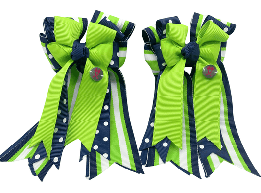 Ponytail Bows Online 3" Tails PonyTail Bows- Navy Polka Dots/Green equestrian team apparel online tack store mobile tack store custom farm apparel custom show stable clothing equestrian lifestyle horse show clothing riding clothes PonyTail Bows- Navy Polka Dots/Green horses equestrian tack store