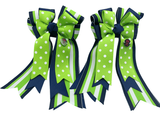 Ponytail Bows Online 3" Tails PonyTail Bows- Green Polka Dots/Navy equestrian team apparel online tack store mobile tack store custom farm apparel custom show stable clothing equestrian lifestyle horse show clothing riding clothes PonyTail Bows- Green Polka Dots/Navy horses equestrian tack store