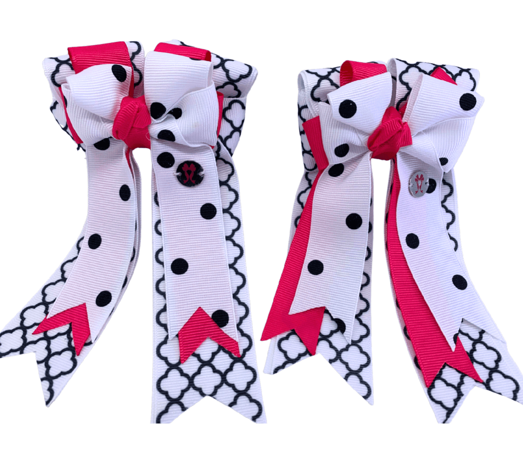 Ponytail Bows Online 3" Tails PonyTail Bows- White Black Motif/Hot Pink equestrian team apparel online tack store mobile tack store custom farm apparel custom show stable clothing equestrian lifestyle horse show clothing riding clothes PonyTail Bows- White Black Motif/Hot Pink horses equestrian tack store