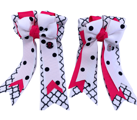 Ponytail Bows Online 3" Tails PonyTail Bows- White Black Motif/Hot Pink equestrian team apparel online tack store mobile tack store custom farm apparel custom show stable clothing equestrian lifestyle horse show clothing riding clothes PonyTail Bows- White Black Motif/Hot Pink horses equestrian tack store