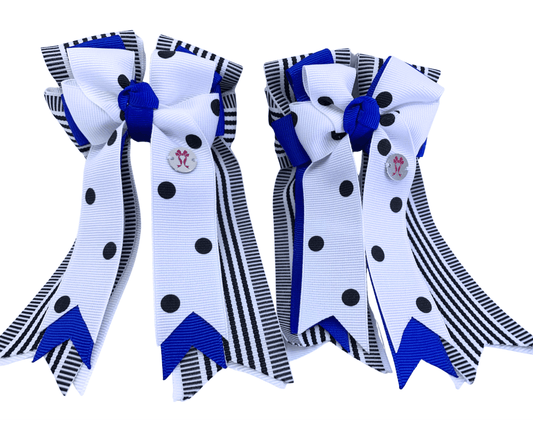 Ponytail Bows Online 3" Tails PonyTail Bows- Black & White Stripes/Royal Blue equestrian team apparel online tack store mobile tack store custom farm apparel custom show stable clothing equestrian lifestyle horse show clothing riding clothes PonyTail Bows- Black & White Stripes/Royal Blue horses equestrian tack store